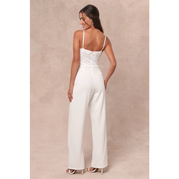 NWT Lulus Memorable Occasion White Beaded Sequin Wide-Leg Jumpsuit Glam Bling S - Picture 2 of 10
